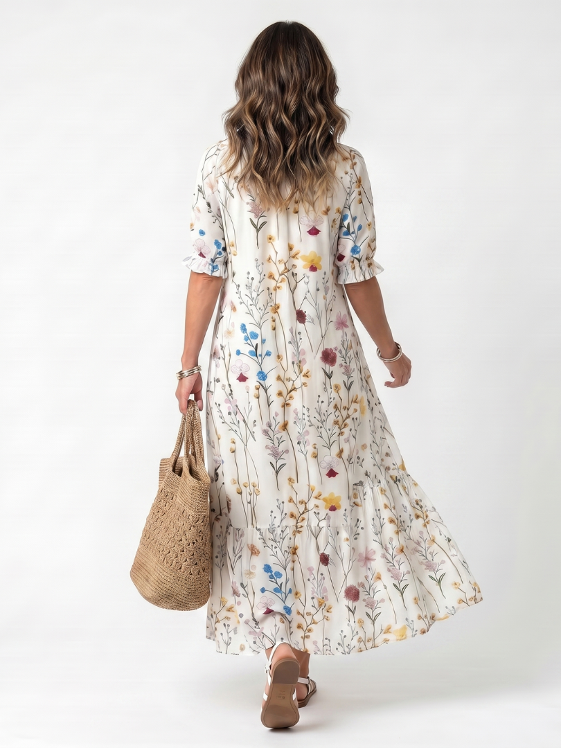Sylvie | Vestito Midi con Stampa Botanica e Nastro a Frange