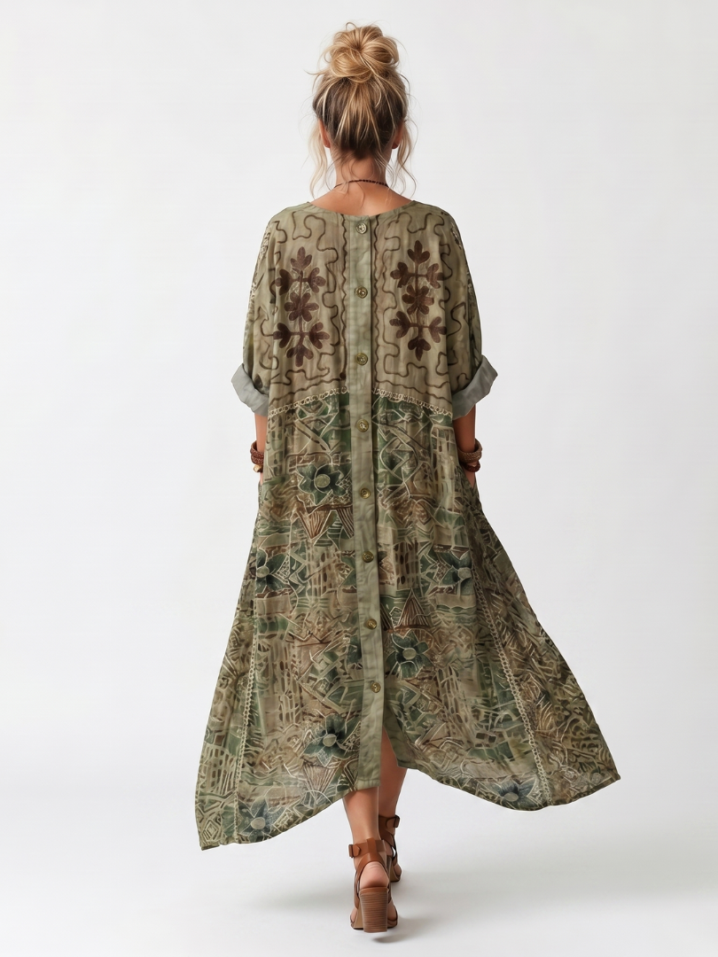 Aleta | Abito Midi Oversized con Bottoni e Ricamo
