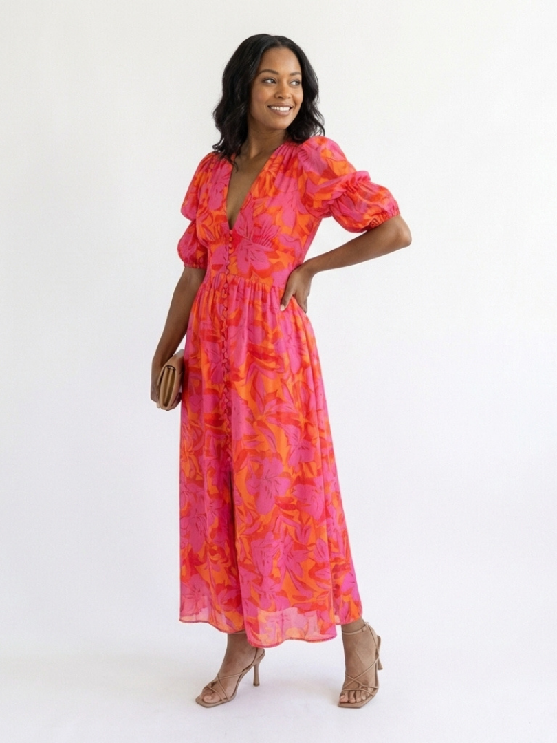 Willow | Vestito Midi a Maniche Puff con Scollatura a V Floreale