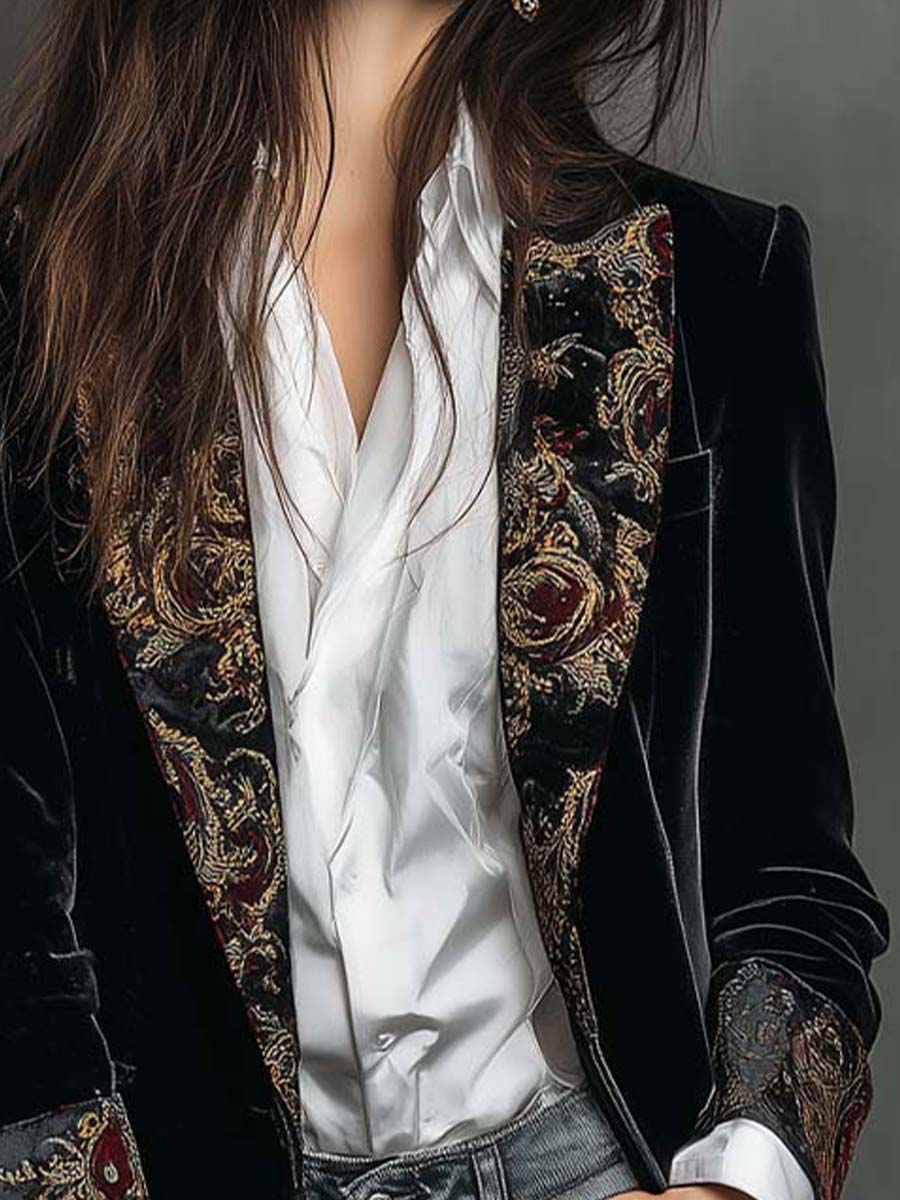 Blazer Slim Fit Nero con Stampa Barocca per Donna
