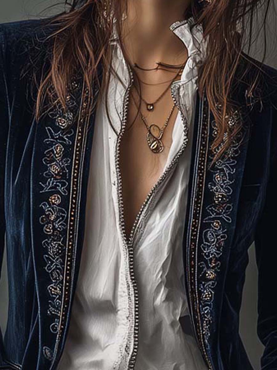 Giacca Lunga Ricamata Vintage da Donna in Blu Navy