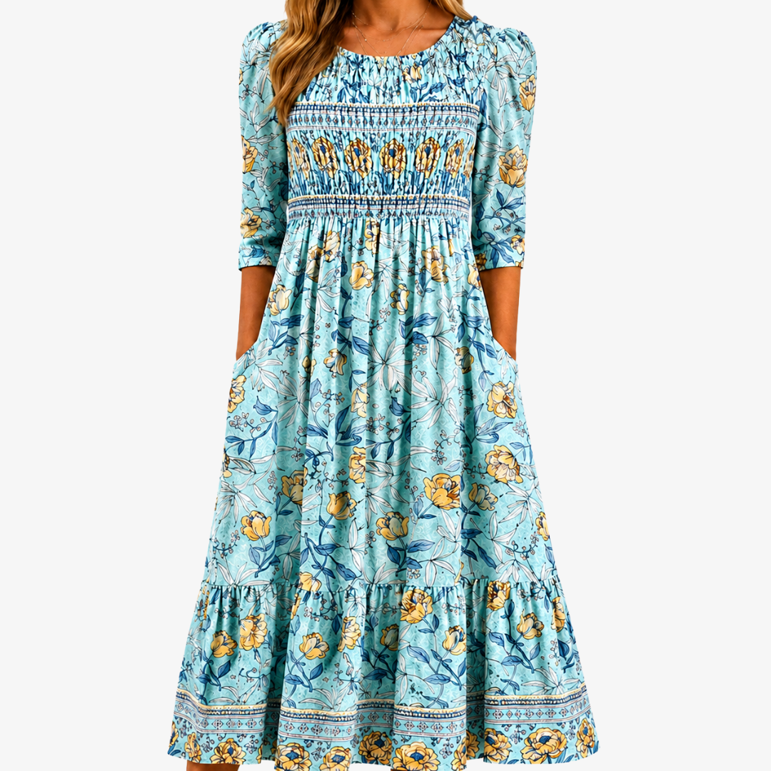 Abito Midi da Giardino Golden Bloom Smockato