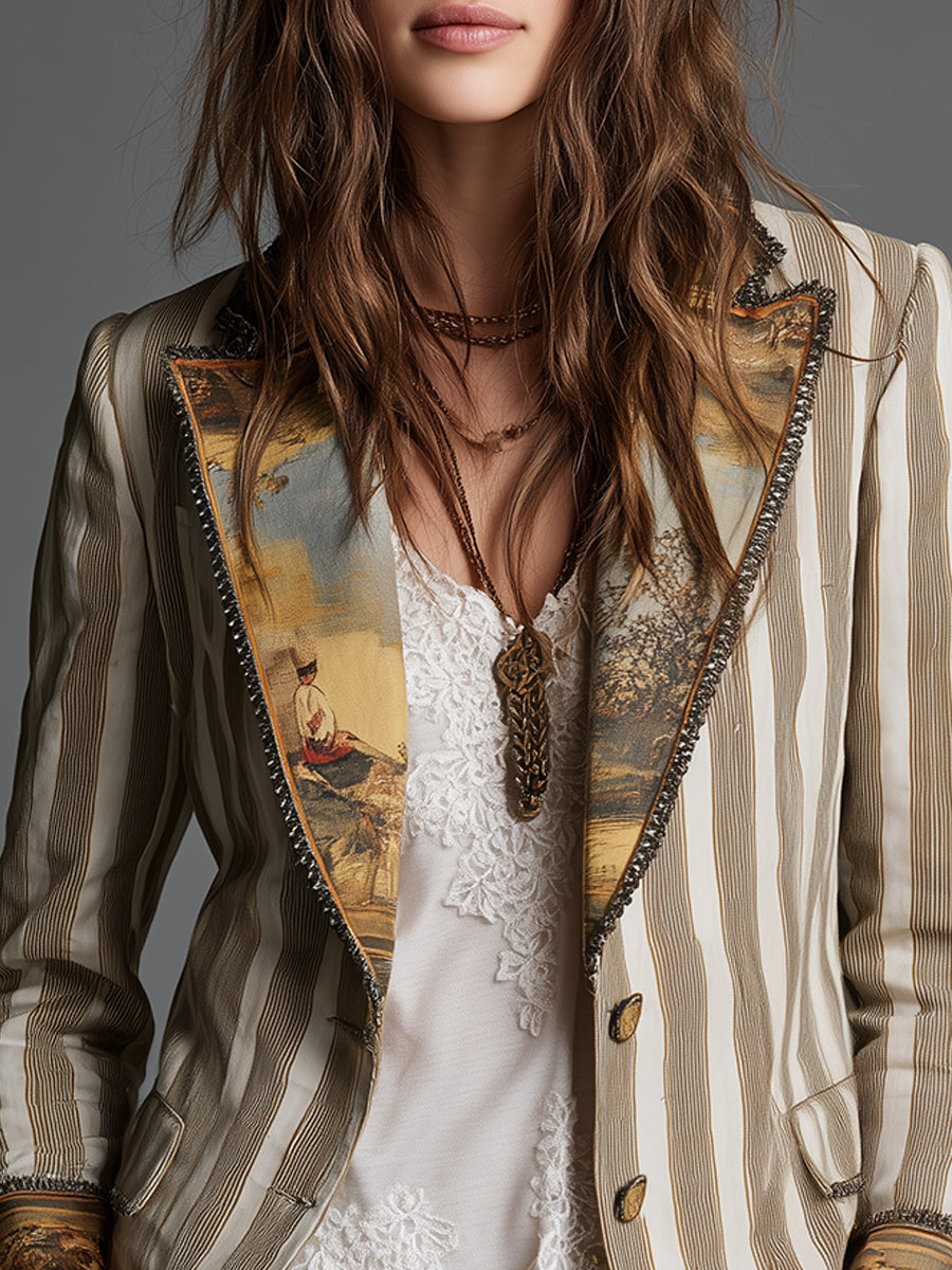 Blazer da Donna Boho a Strisce Stampato con Rever