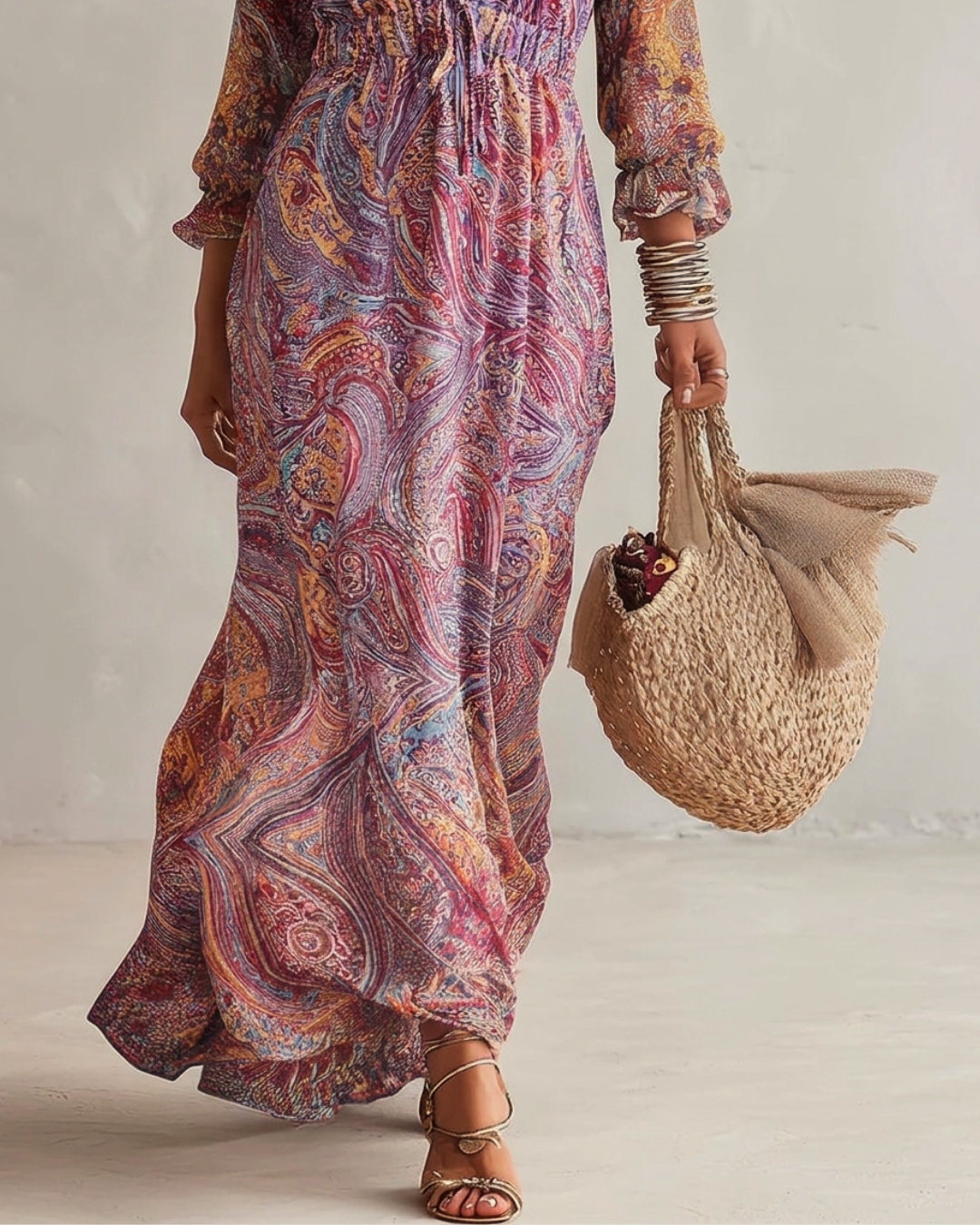 Abito Maxi in Chiffon con Stampa Paisley e Scollo a V