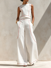 Set Blusa Minimalista in Mistura di Lino e Pantaloni a Gamba Larga da Donna