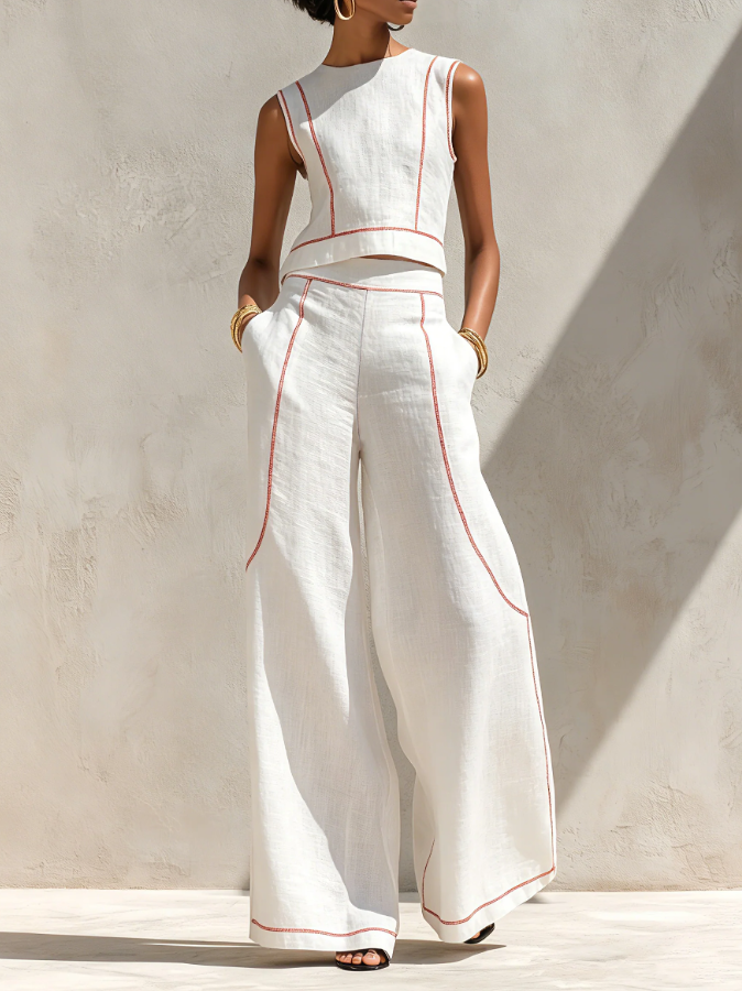 Set Blusa Minimalista in Mistura di Lino e Pantaloni a Gamba Larga da Donna
