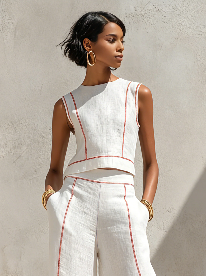 Set Blusa Minimalista in Mistura di Lino e Pantaloni a Gamba Larga da Donna