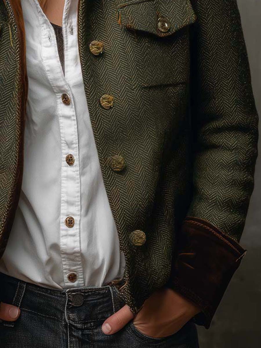 Blazer Vintage Femminile a Coste con Rifiniture a Contrasto