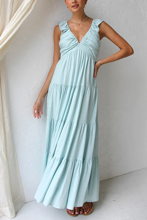 Abito Maxi in Lino Senza Maniche con Rouches e Scollatura a V Margovil