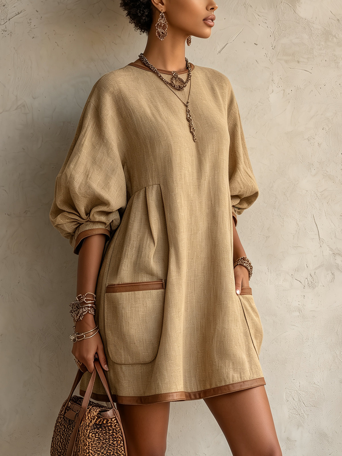 Abito Mini Oversize in Lino Khaki con Maniche a Palloncino e Tasche