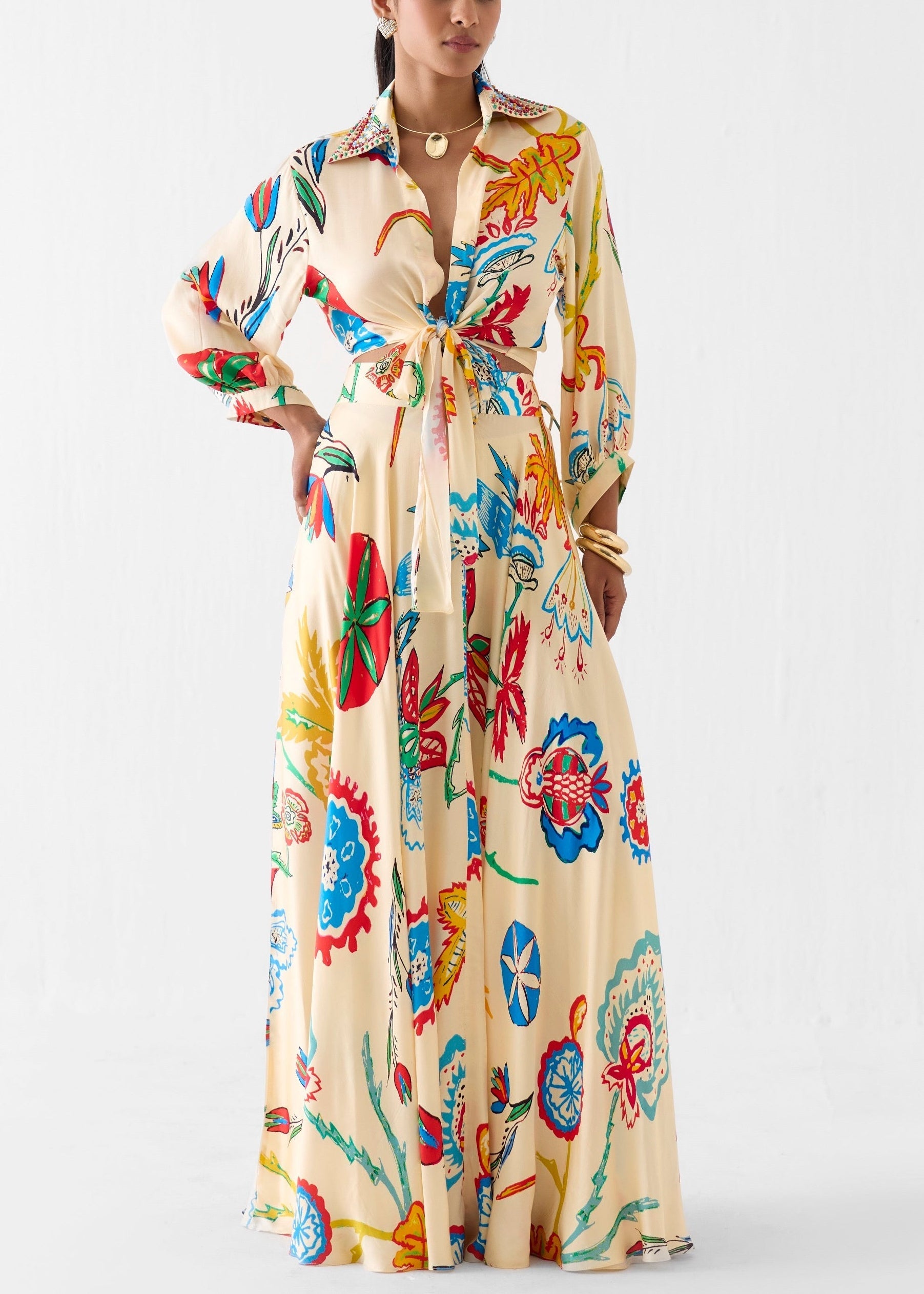 Set Due Pezzi Boho con Camicia a Maniche Lunghe e Gonna Maxi con Stampa Floreale Tropicale