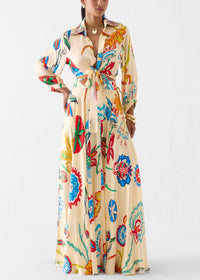 Set Due Pezzi Boho con Camicia a Maniche Lunghe e Gonna Maxi con Stampa Floreale Tropicale