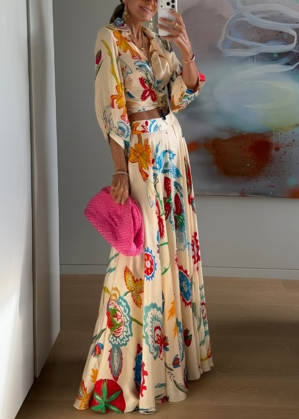 Set Due Pezzi Boho con Camicia a Maniche Lunghe e Gonna Maxi con Stampa Floreale Tropicale