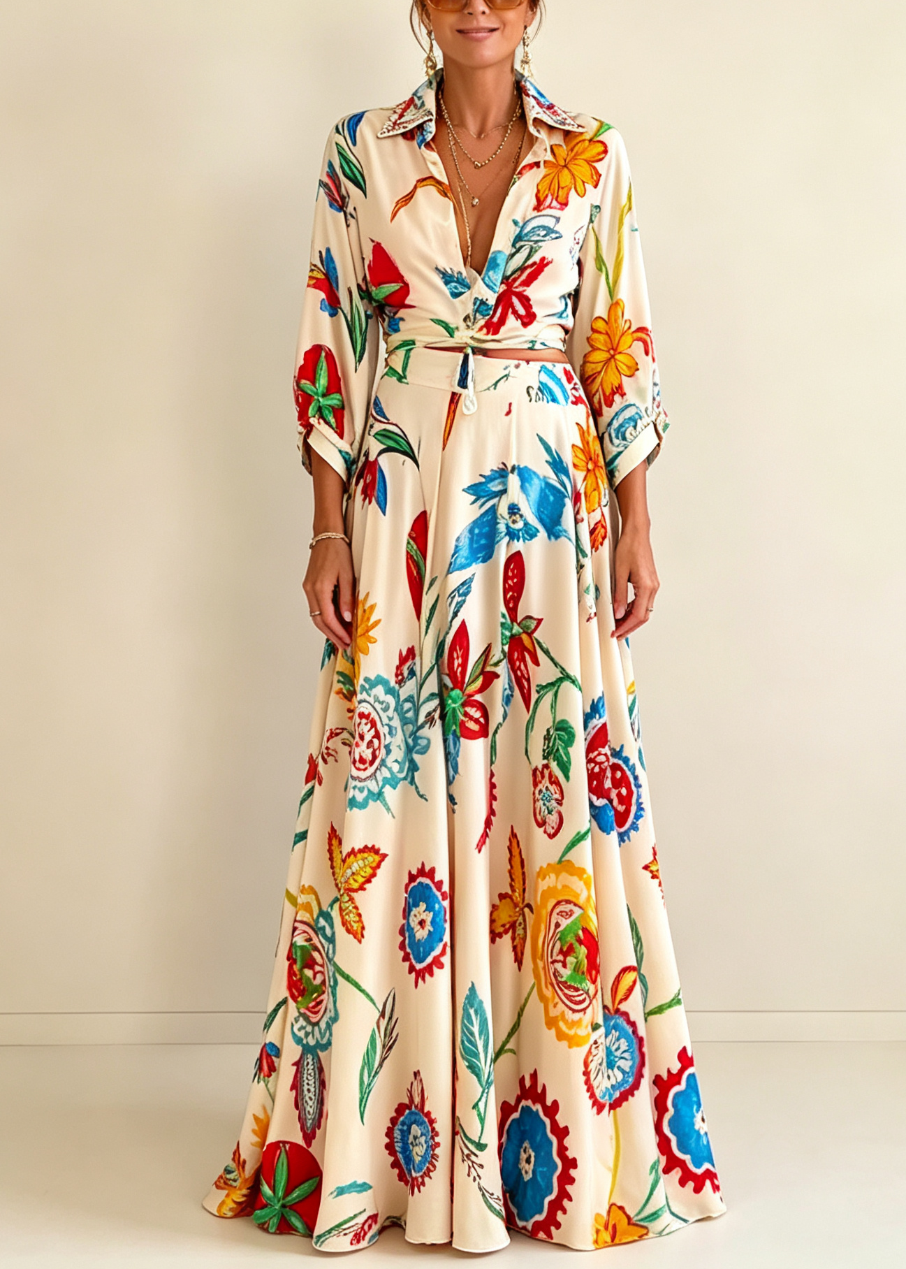 Set Due Pezzi Boho con Camicia a Maniche Lunghe e Gonna Maxi con Stampa Floreale Tropicale