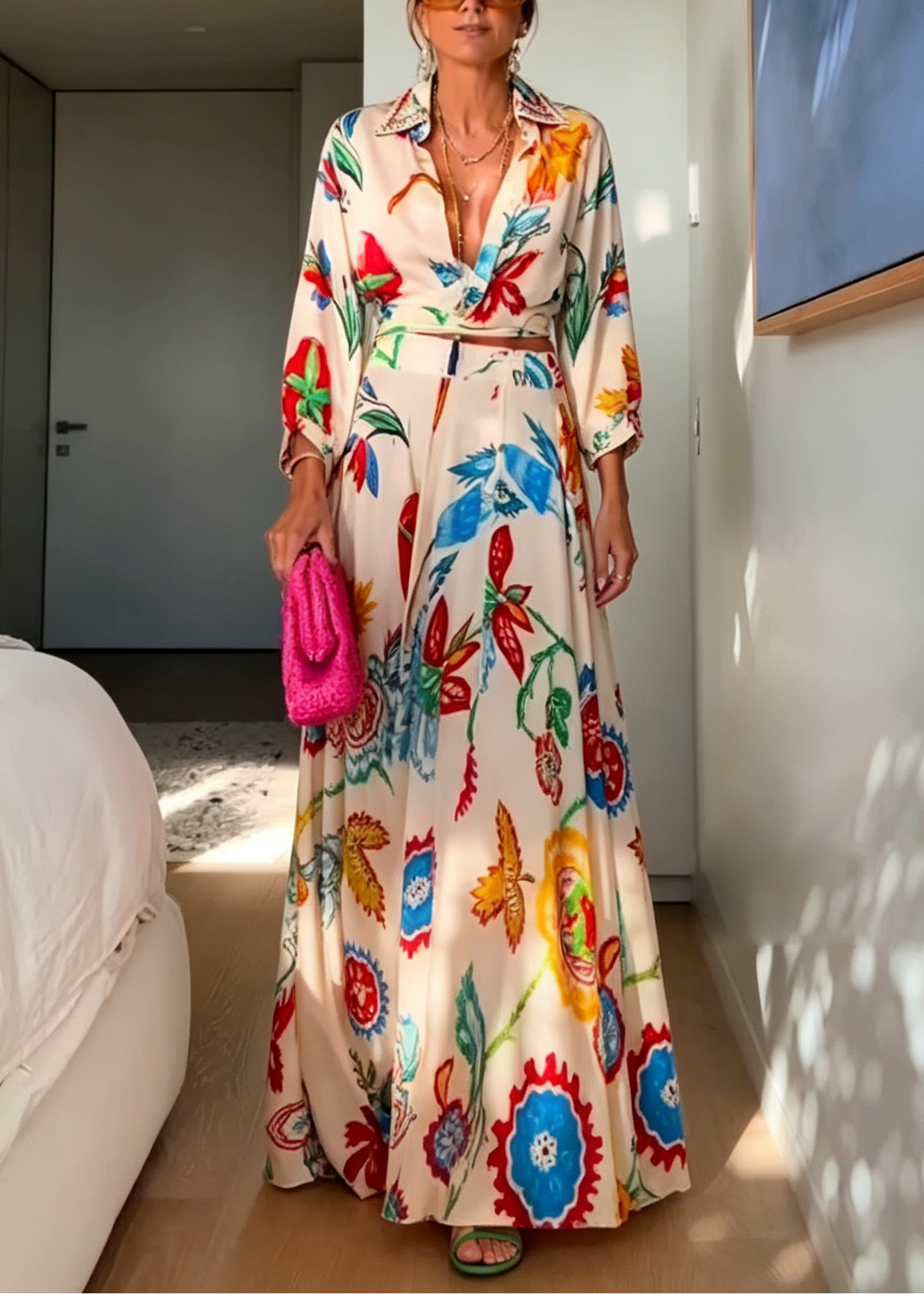 Set Due Pezzi Boho con Camicia a Maniche Lunghe e Gonna Maxi con Stampa Floreale Tropicale