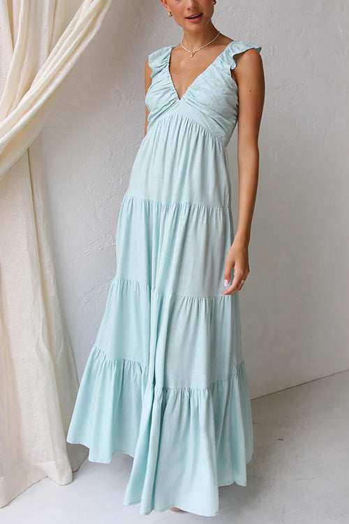 Abito Maxi in Lino Senza Maniche con Rouches e Scollatura a V Margovil