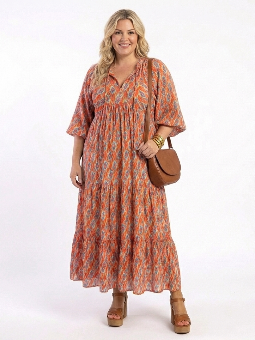 Amara | Vestito Midi a V Collo con Stampa Geometrica