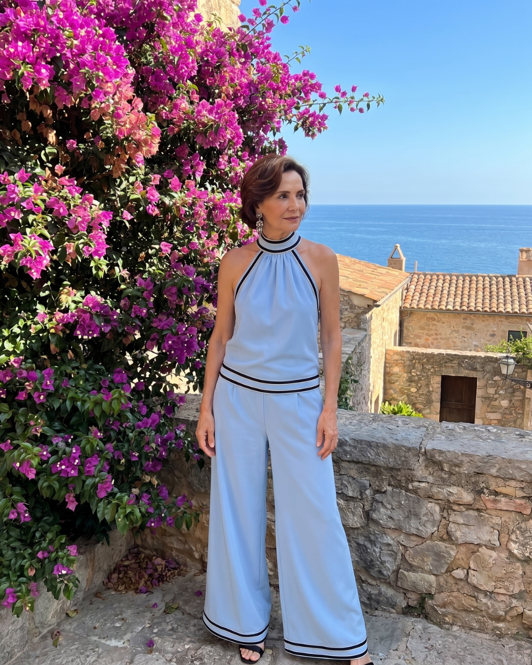 Zephyrine | Jumpsuit a Gamba Larga con Scollo Halter e Bordo a Contrasto