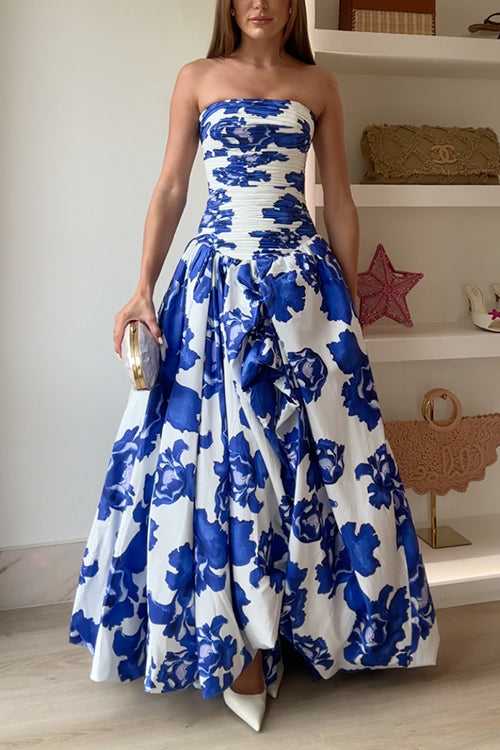Abito Maxi a Stile Imperiale Senza Spalline con Gonna Ampia e Stampa Floreale