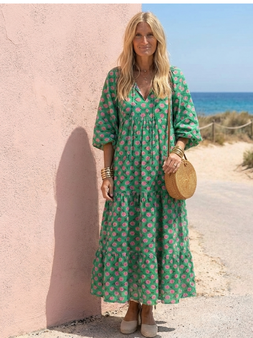 Fiora | Vestito midi a balze con stampa floreale e scollatura a V