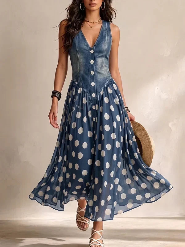 Maya | Dress with Denim Bodice & Polka-Dot Muslin Skirt