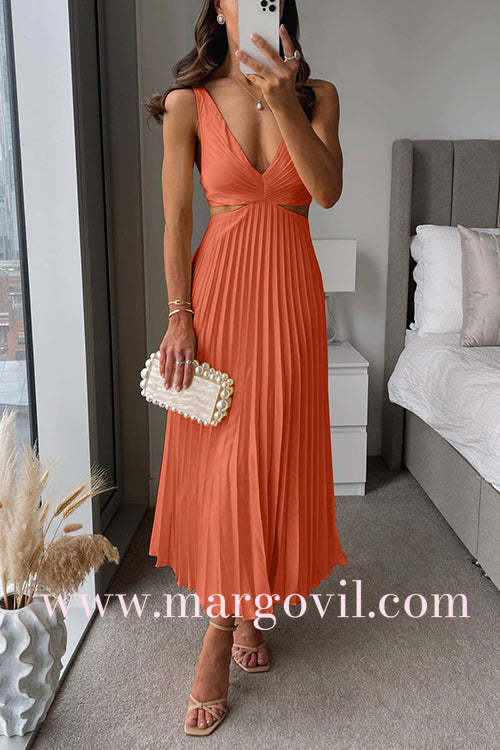 7 Colori Abito Maxi Senza Maniche Plissettato con Scollo a V e Vita Scoperta