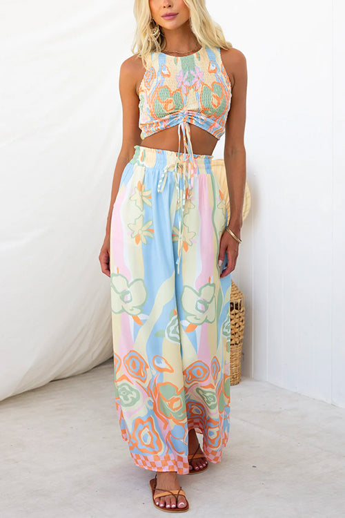 Pantaloni Palazzo Stampati con Vita Elastica e Coulisse