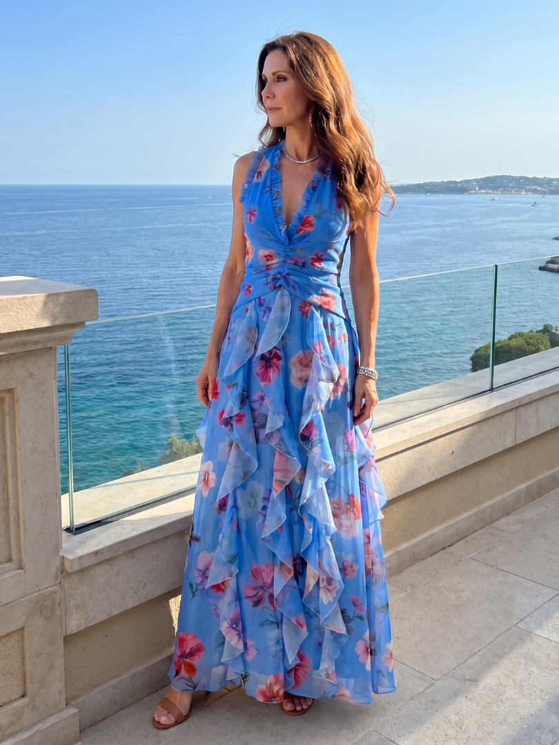 Nori | Abito Maxi Floreale con Corpino Arricciato e Scollo All'Americana