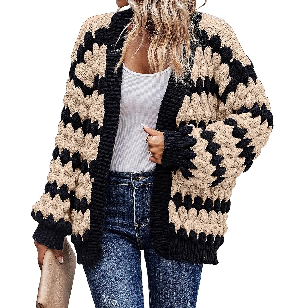 Cardigan da donna con maniche a lanterna, apertura frontale e colori a strisce