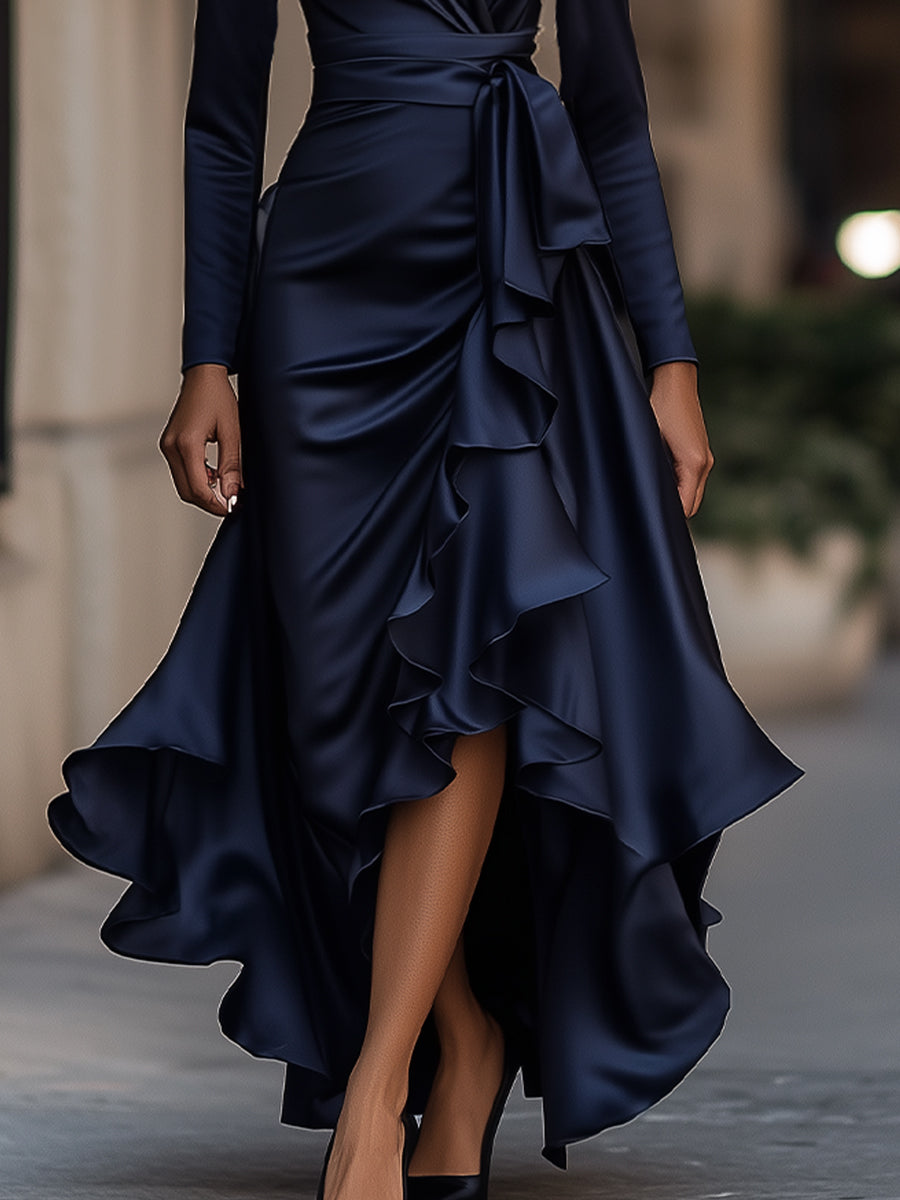 Palma | Abito Maxi in Satin Drappeggiato con Dettagli a Rouches