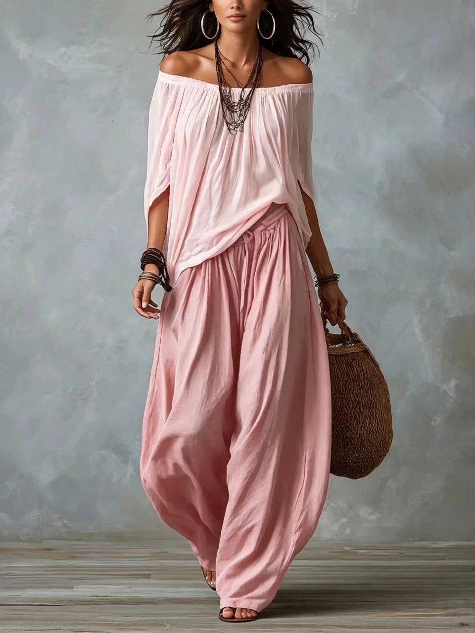 Top Bianco Off-the-shoulder e Set di Pantaloni Lantern Larghi