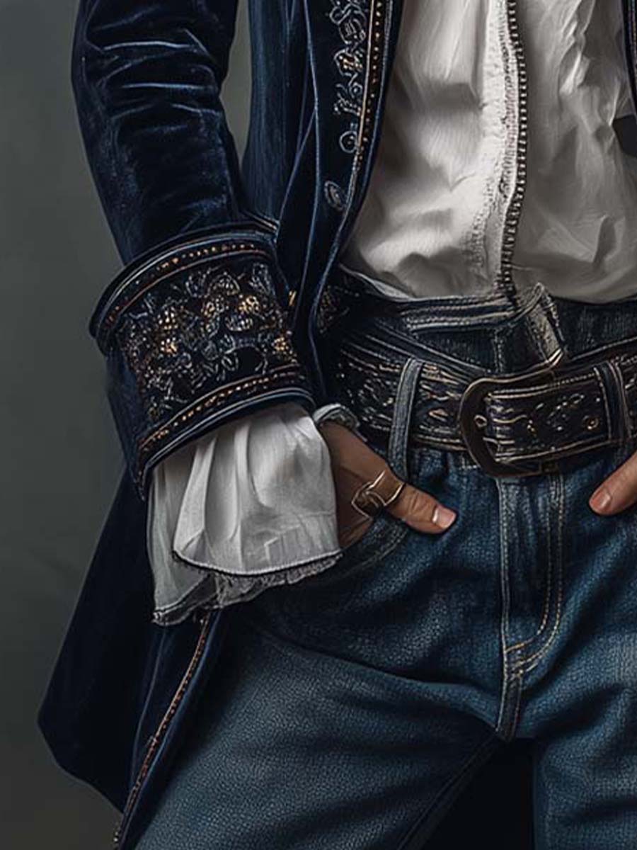 Giacca Lunga Ricamata Vintage da Donna in Blu Navy