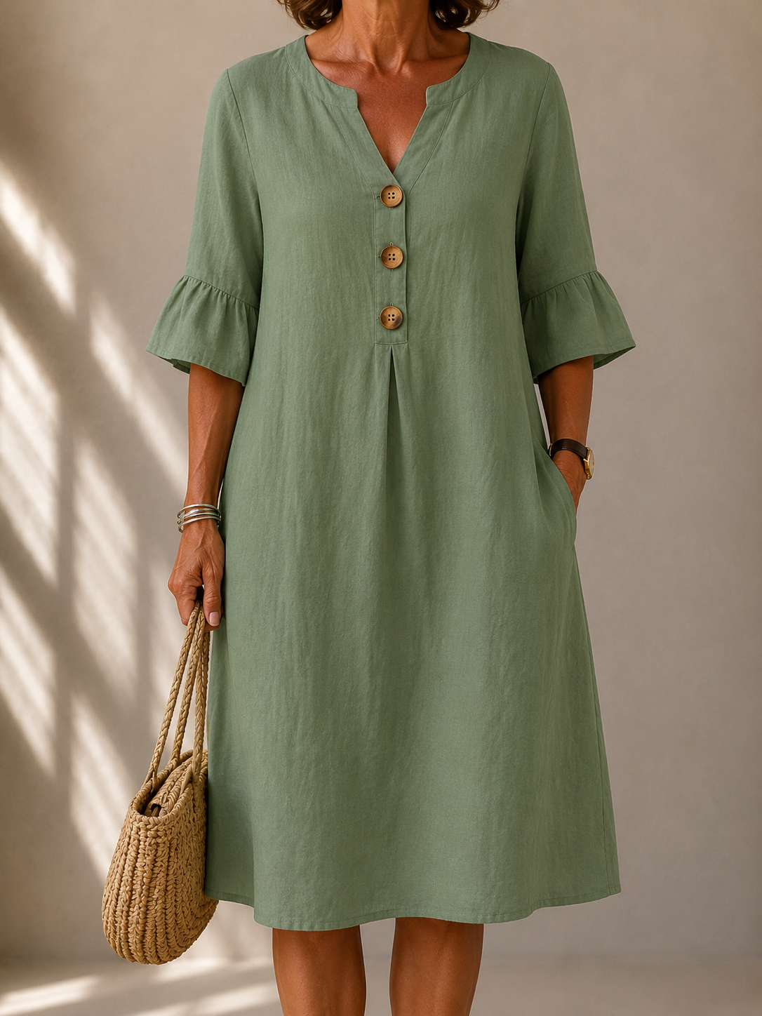 Noelle | Buttoned Midi Dress with Flared Sleeves