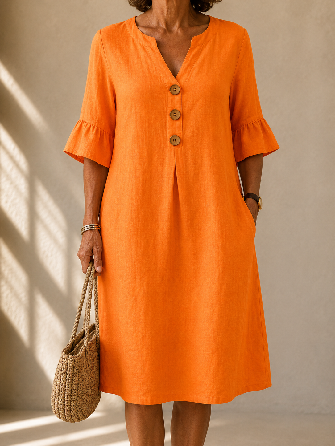 Harper | Midi Dress with V-Neck and Wooden Buttons
