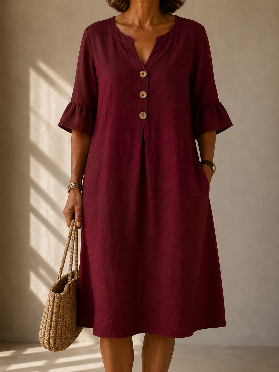 Naomi | Buttoned Midi Dress with Ruffled Sleeves