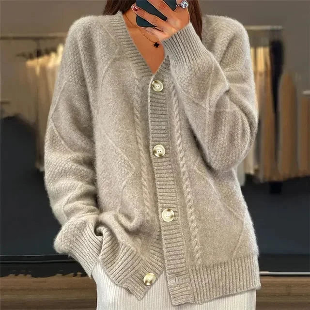 Aaliyah | Cardigan con Bottoni e Scollatura a V con Dettaglio a Maglia a Diamante, Strato Quotidiano