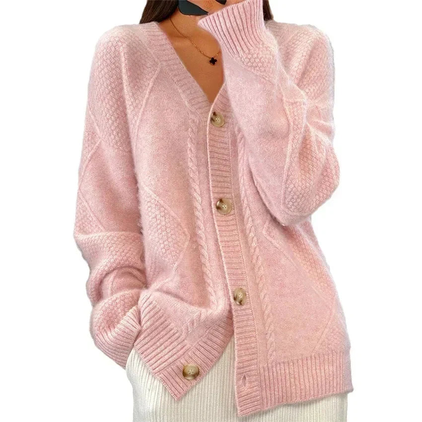 Aaliyah | Cardigan con Bottoni e Scollatura a V con Dettaglio a Maglia a Diamante, Strato Quotidiano