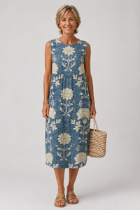Belle | Floral Boho Dress in Denim Blue