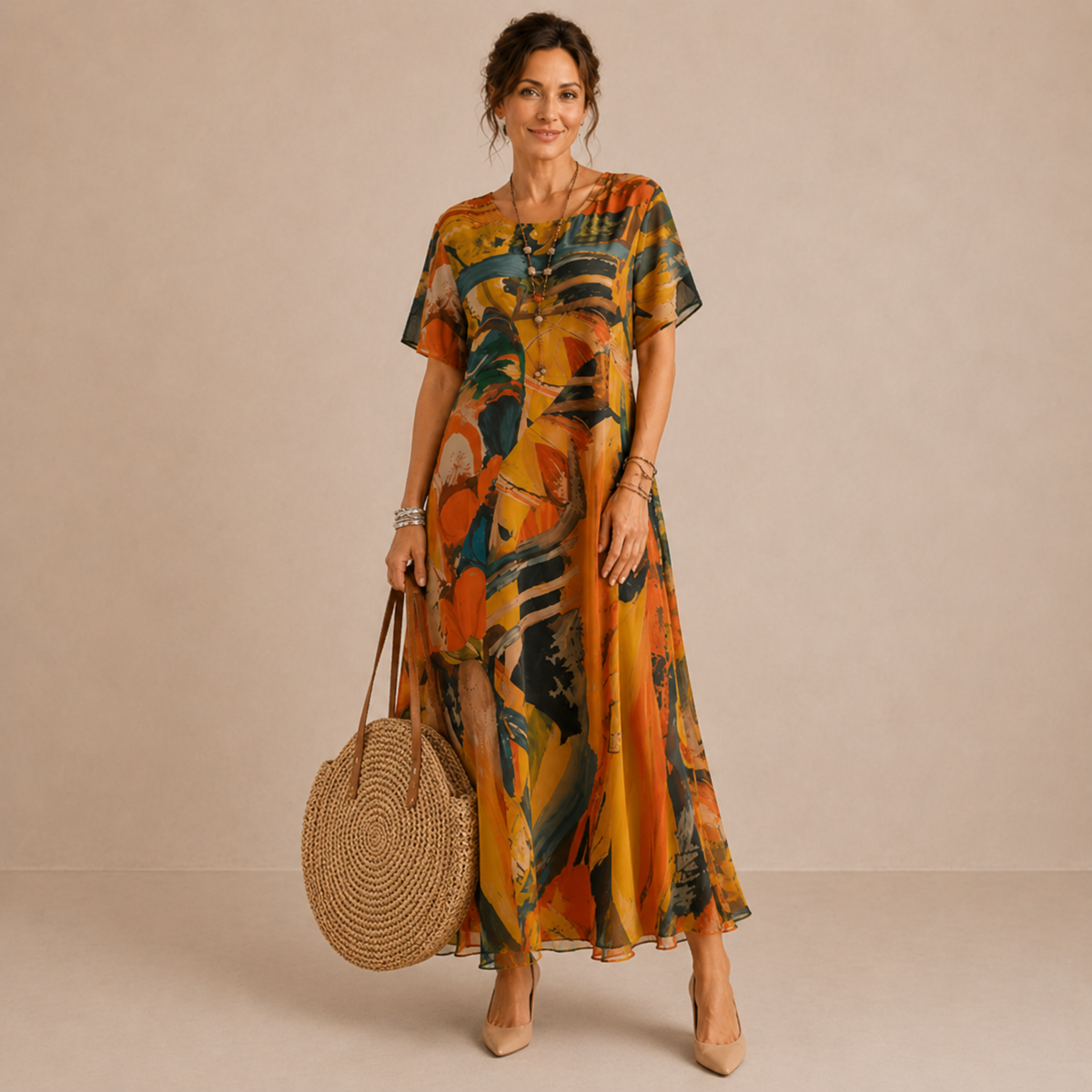 Emilia | Abito Midi Fantasia Astratta – Lucia Toscana