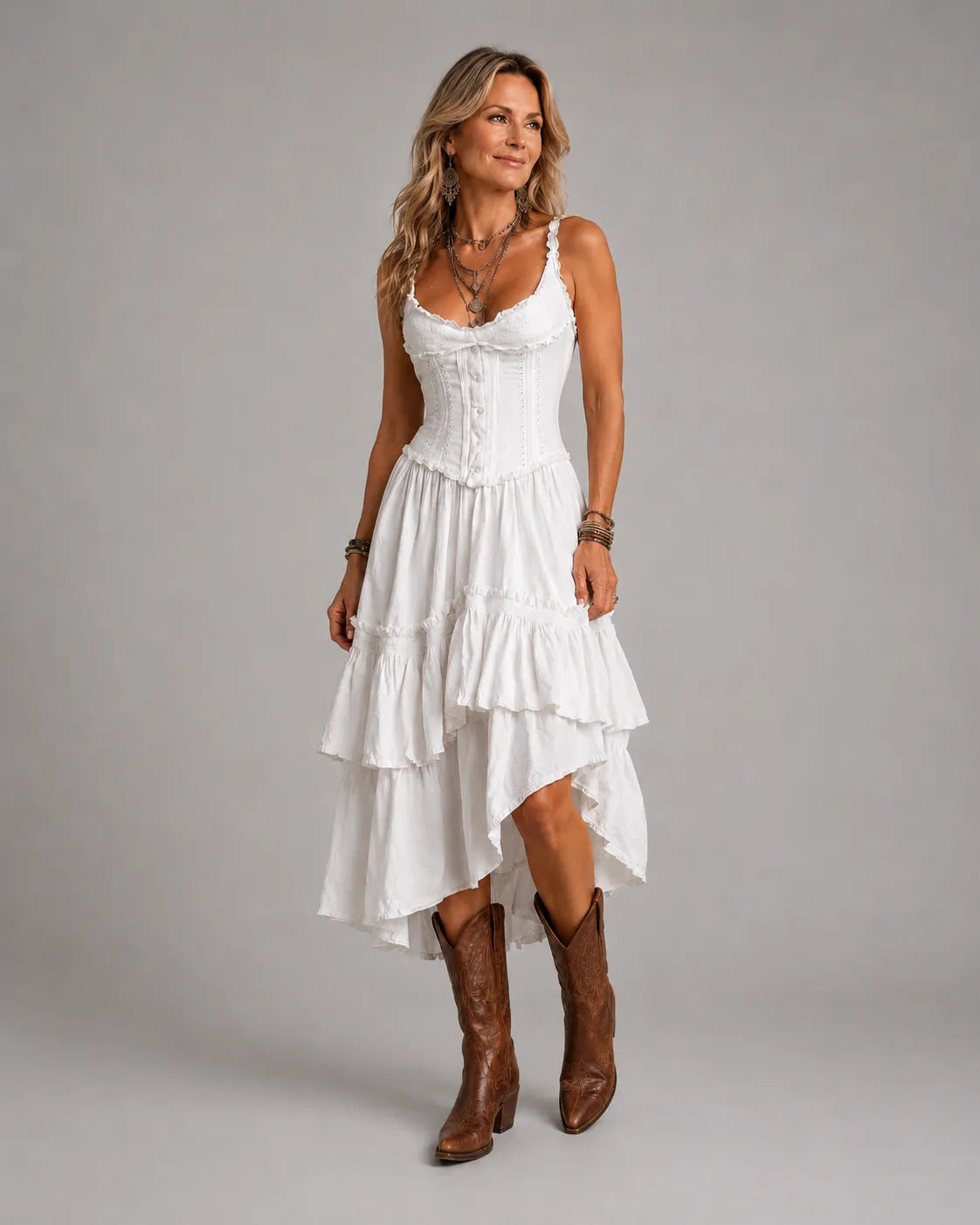 Abito Midi Tiered Boho Retro con Corsetto e Pizzo
