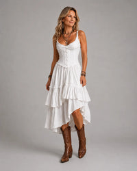 Abito Midi Tiered Boho Retro con Corsetto e Pizzo