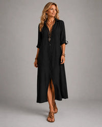 Abito Maxi in Stile Bohemien con Bottoni Neri