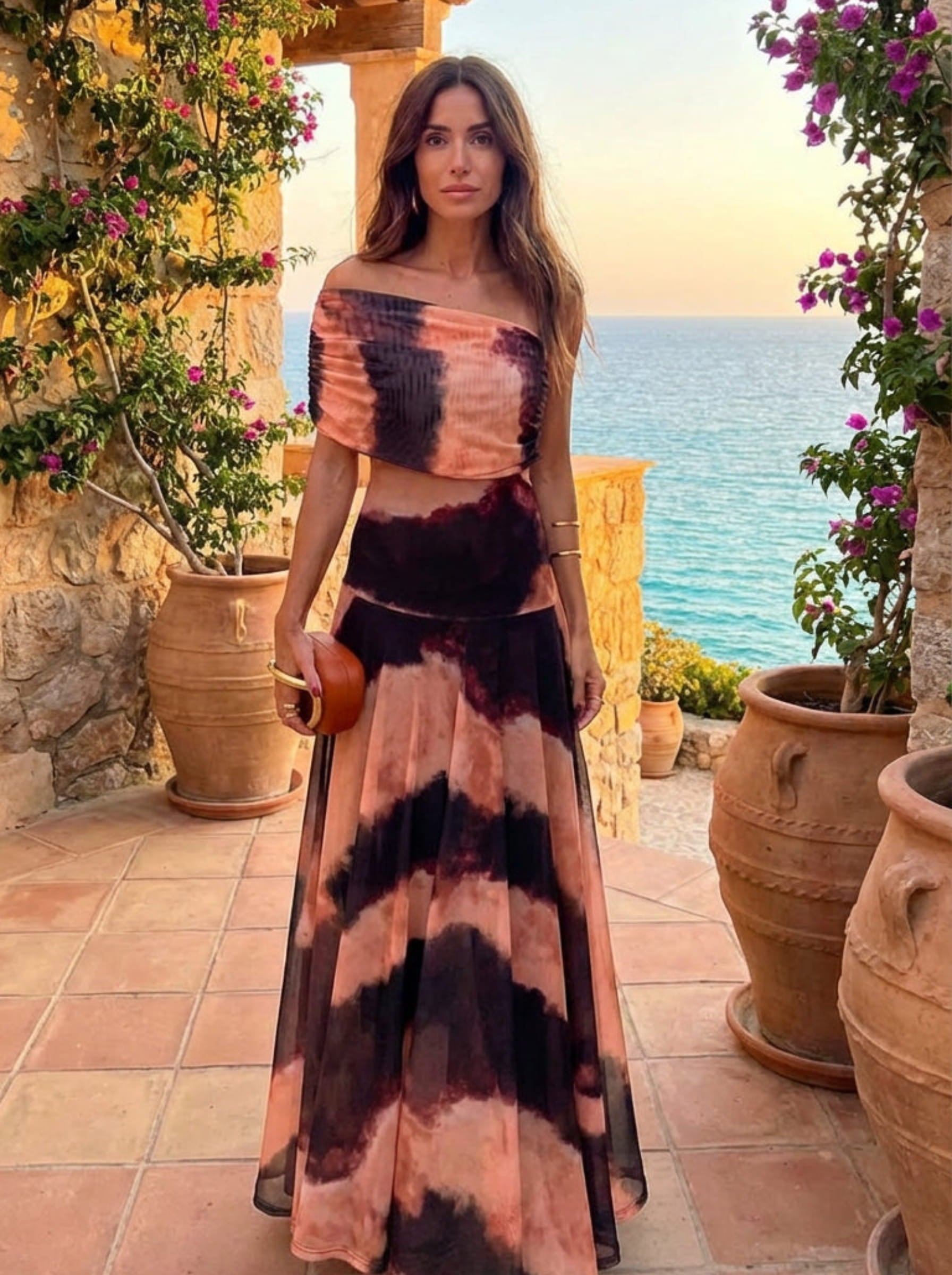 Vestito con Stampa Arancione e Marrone