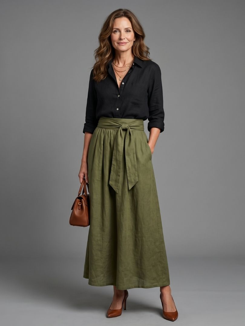 Vera | Completo a Due Pezzi Blusa Nera Gonna Midi Verde Oliva