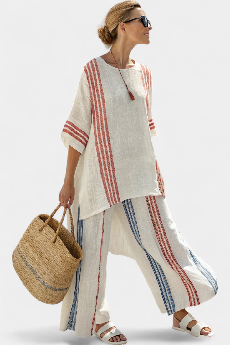 Solvane | Top Striato Multicolore Sofisticato e Pantaloni Mediterranei