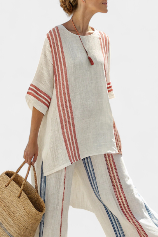 Solvane | Top Striato Multicolore Sofisticato e Pantaloni Mediterranei