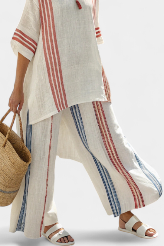 Solvane | Top Striato Multicolore Sofisticato e Pantaloni Mediterranei