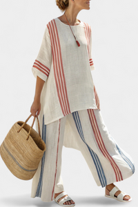 Solvane | Top Striato Multicolore Sofisticato e Pantaloni Mediterranei