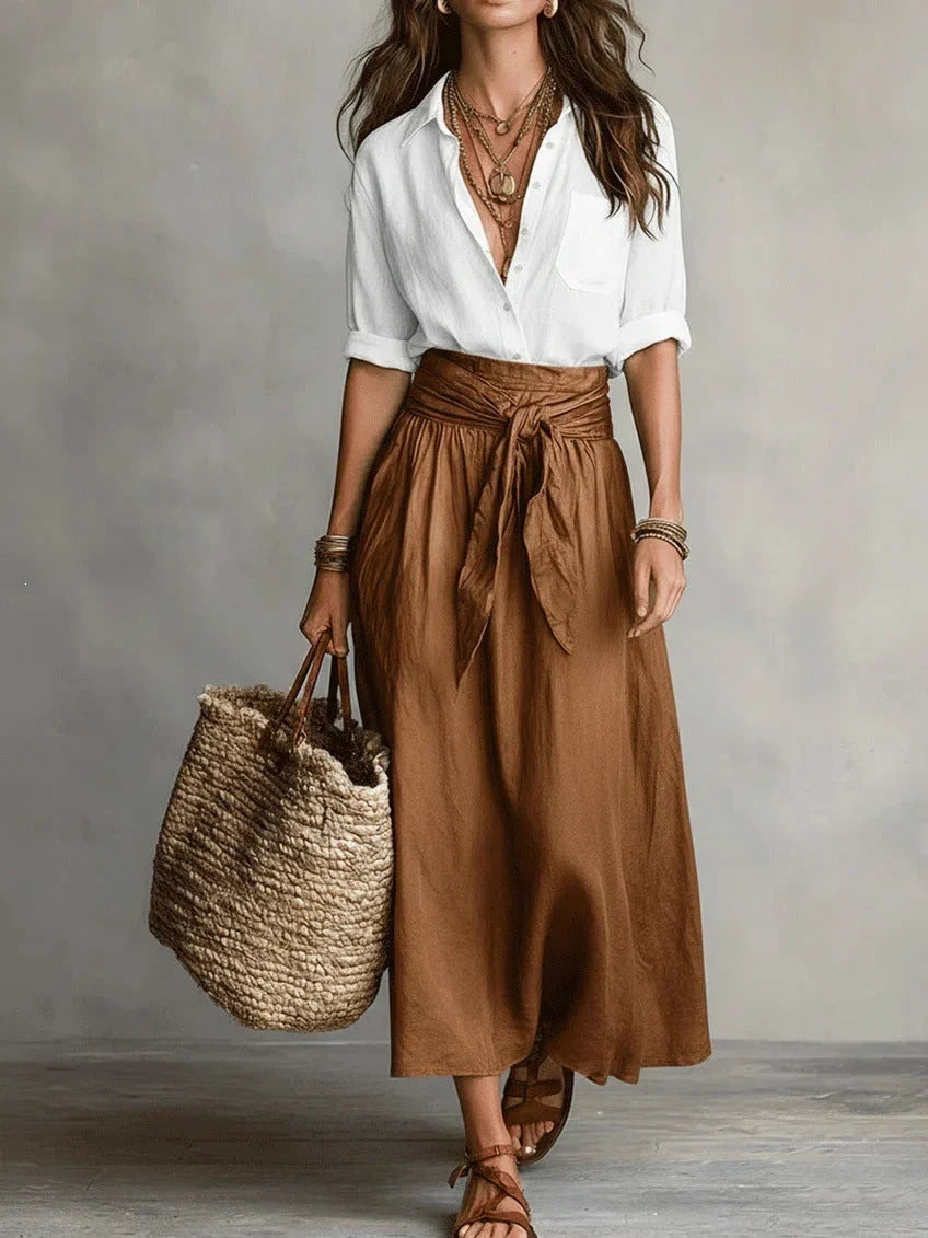 Completo Elegante di Due Pezzi con Blusa Nera e Gonna Midi