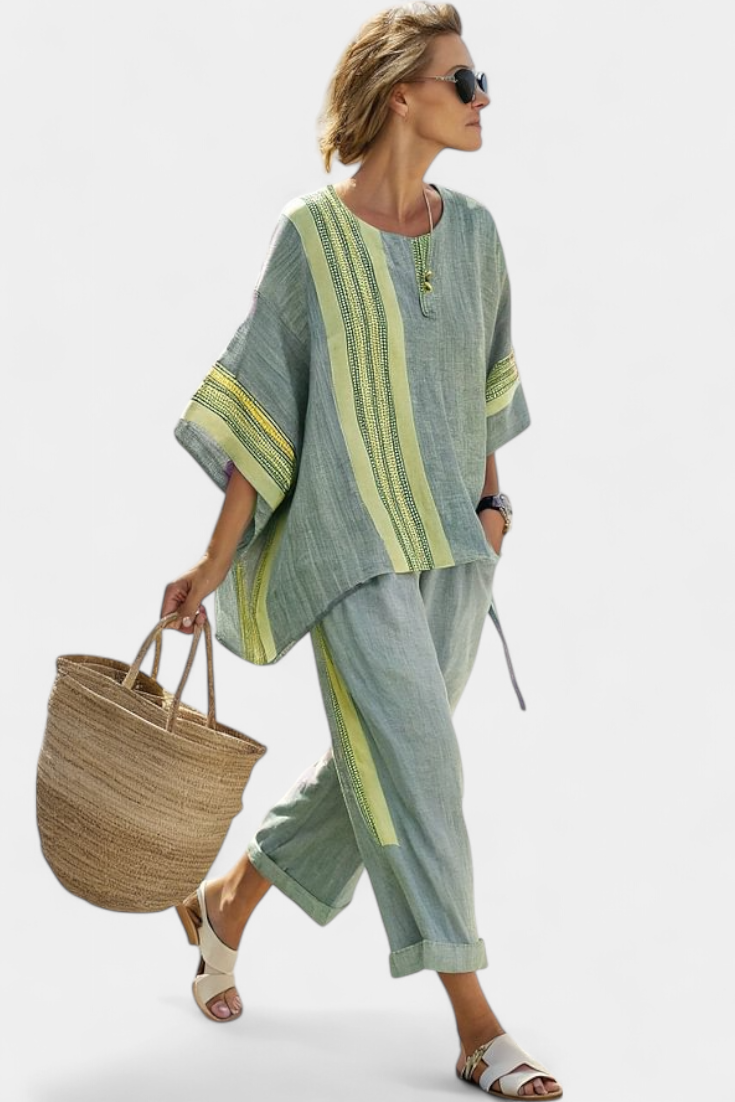 Elowric | Elegante Top Lavanda & Pantaloni a Righe Senape